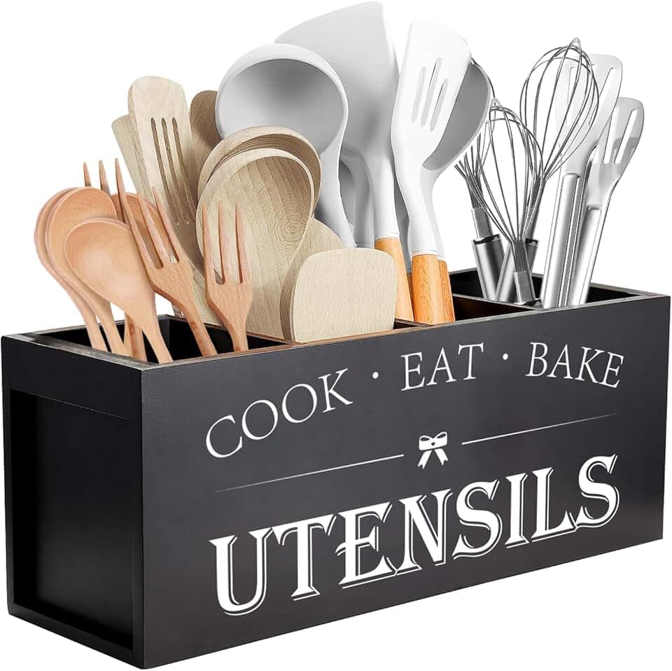 Suli Extra Large Kitchen Utensils Holder with 4 Compartments, Wooden Utensil Organizer for Kitchen Countertop, Farmhouse Kitchen Decor, Rustic Cooking Utensil - Black