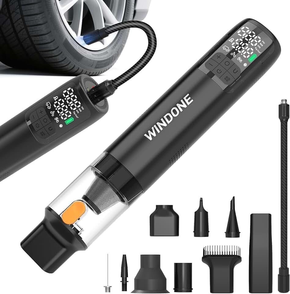 Car Vacuum, 12000Pa 2-in-1 Cleaner & Tire Inflator 150PSI, 60W Brushless Motor, Cordless Handheld Vacuum & Air Pump with Pressure Gauge, LED Light, Multi-Nozzles for Car, Home, Office