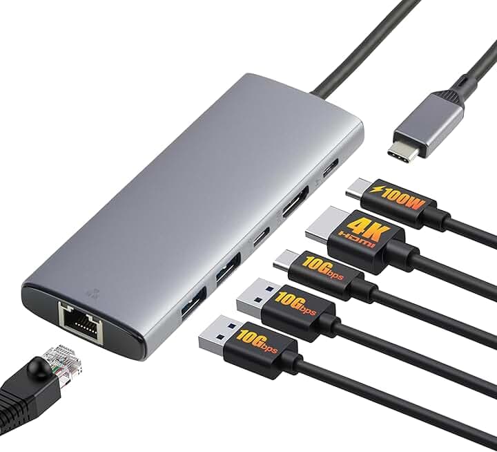 Amazon Basics 6-in-1 USB-C 3.2 (10G) Hub, 1 USB-C 100W PD Input, 2 USB-A, 1 USB-C, HDMI 4K, Ethernet, Light Grey, 11.94 x 4.6 x 1.5cm