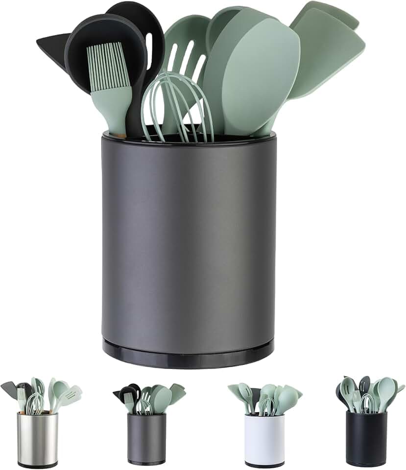 Kitchen Utensil Holder Extra Large 360°Rotating For Counter Organizer Stainless Steel Storage Cooking Silverware Caddy 3 Compartment Flatware Spoon Spatula Tool Cutlery Container (Grey)