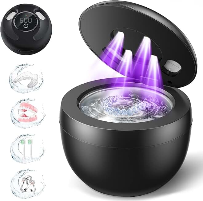 Dental Ultrasonic Retainer Cleaner Machine: 45kHz Dental Cleaning Pod for Denture, Mouth Guard, Night Guard, Aligner, Braces, Toothbrush Head & Jewelry, UV Cleaner with Digital Timer & 4 Modes, Black