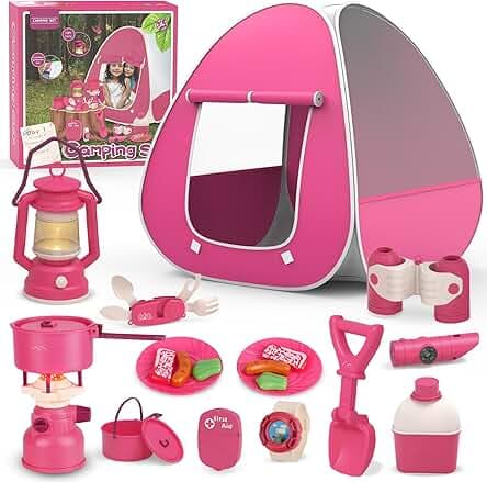 Kids Camping Set with Tent - Pop Up Tent, Kids Play Tents Outdoor Toys Camping Tools Set Gift for Girls Age 3 4 5 6 Year Old Birthday Christmas