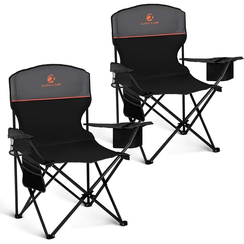 ALPHA CAMP Camping Chair 2 Pack Portable Chair with 3-Can Cooler Folding Chair with Side Pocket and Cup Holder, Collapsible for Camping, Tailgates, Beach, Fishing and Sports,2PC