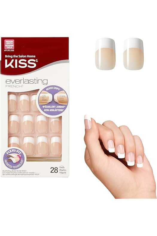 KISS Everlasting, Press-On Nails, Nail glue included, 'Infinite', French, Medium Size, Squoval Shape, Includes 28 Nails, 2g Glue, 1 Manicure Stick, 1 Mini file
