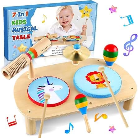 LOOIKOOS Kids Drum Set for Toddlers 1-3, All in One Montessori Musical Instruments -Wooden Percussion Educational Preschool Music Toys for Baby 12-18 Months