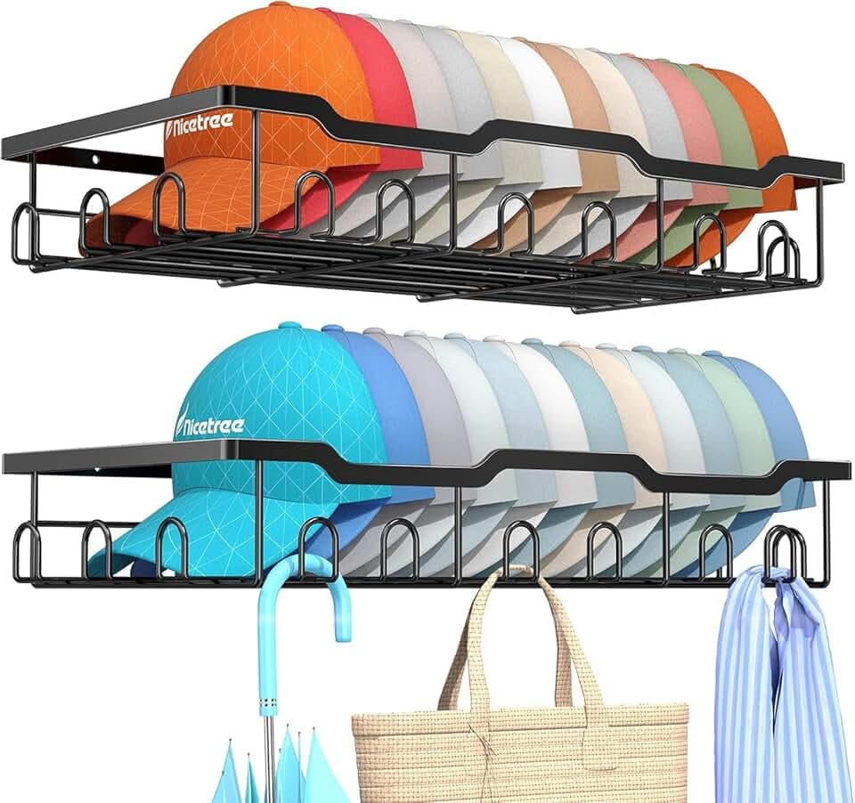 Nicetree Hat Racks for Baseball Caps Wall - Metal Hat Organizer for 48 Baseball Caps Holder, 2 Pack Baseball Hat Storage Organizer for Closet, Bedroom, Living Room