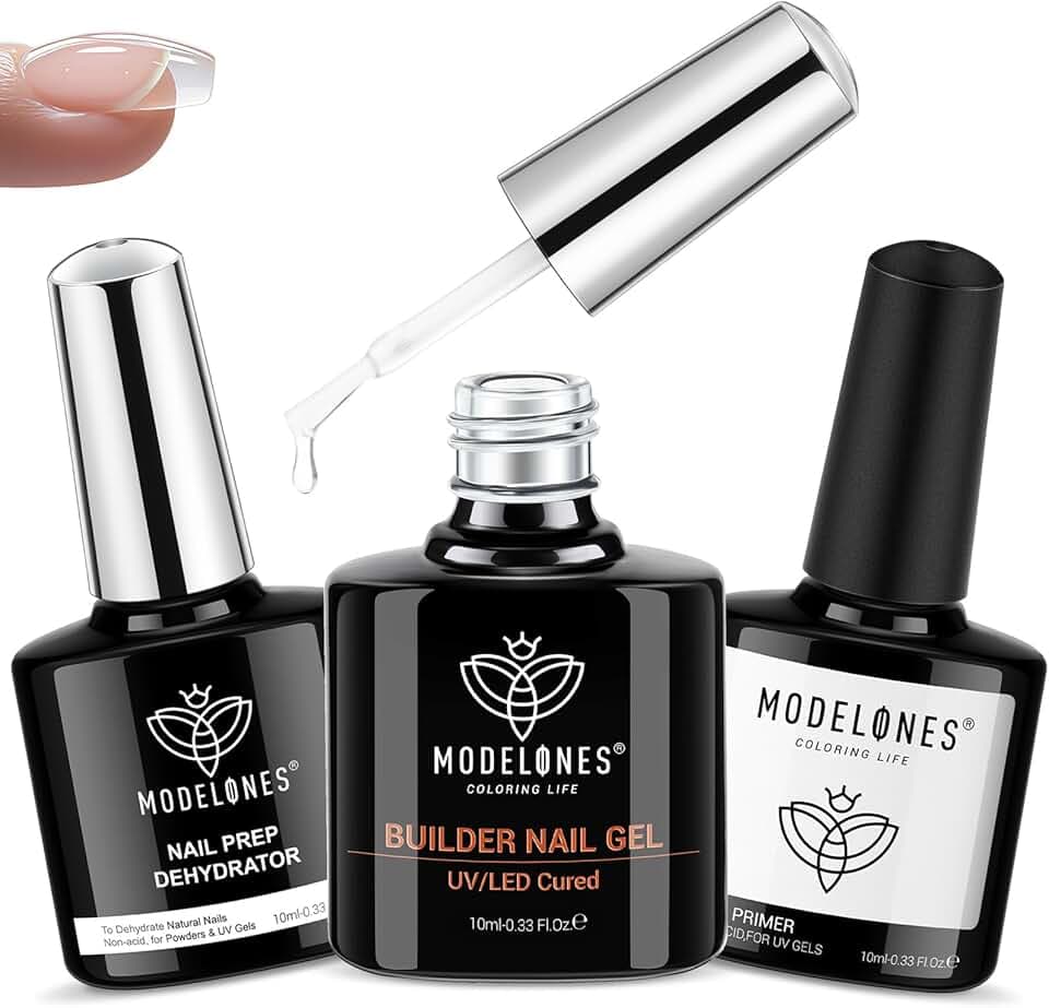 modelones Nail Thickening Solution, Dehydrator and Primer & Builder Nail Gel, 3Pcs Prep Dehydrate & Bond Primer Clear Gel Builder Polish Base Coat for Strengthener Apex Building, LED Lamp Cured 10ml