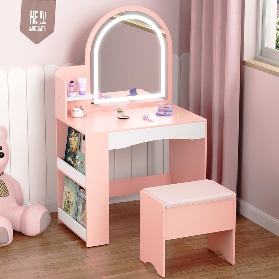 Kids Vanity with Lights, Princess Kids Vanity Table and Chair Set with Open Bookshelf, Shelves, 2 in 1 Toddler Vanity Table & Stool Set with Lighted Mirror for Little Girls (Pink)