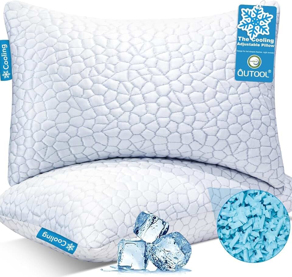 QUTOOL Cooling Pillows for Sleeping 2 Pack, Shredded Memory Foam Bed Pillows Queen Size Set of 2, Cool Gel Pillow for Hot Sleepers Adjustable Firm Pillow for Side, Back and Stomach Sleepers Supportive