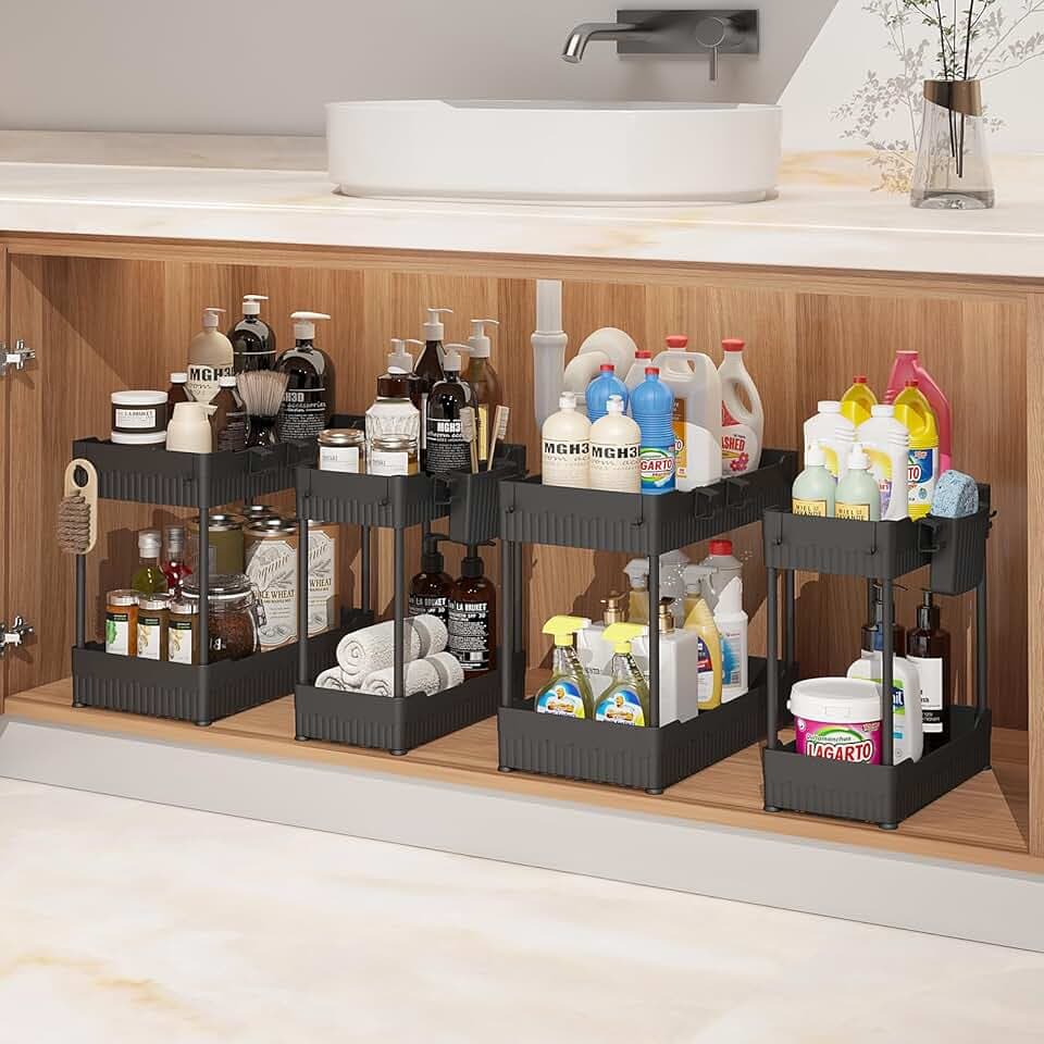 4 Pack Under Sink Organizer, Under Bathroom Cabinet Organizer with Hooks Hanging Cup, Multi-Purpose Storage Shelf for Kitchen Bathroom, Black