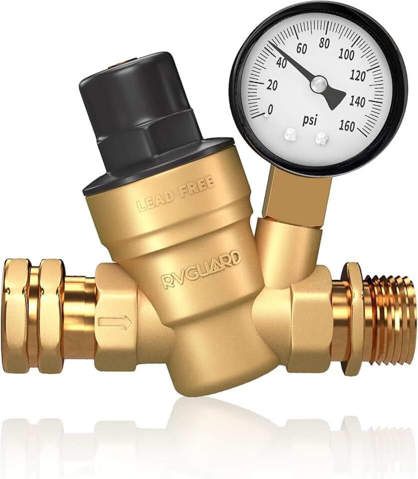 RVGUARD RV Water Pressure Regulator Valve, Brass Lead-Free Adjustable Water Pressure Reducer with Gauge and Inlet Screen Filter for RV Camper Travel Trailer