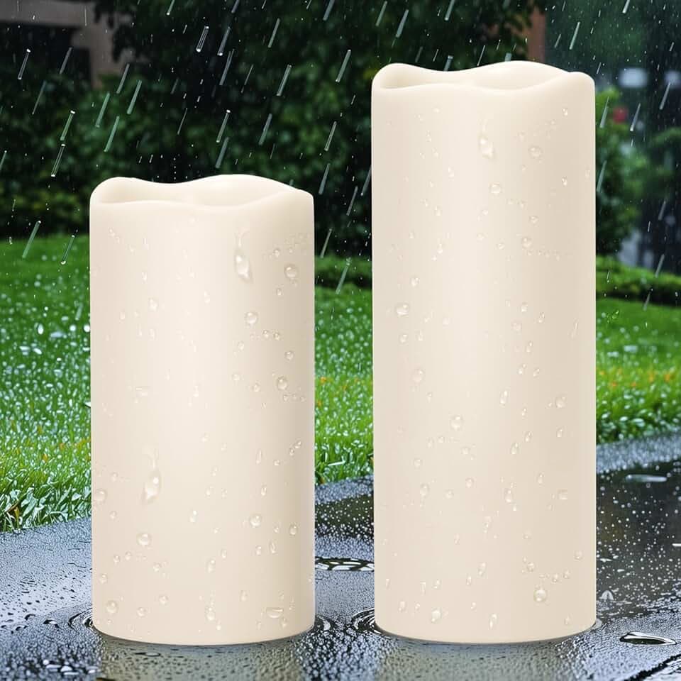 GenSwin Solar Outdoor Waterproof Flameless Candles, 4”x8”10” Large Solar Rechargeable Pillar Candles, Sensor for Dusk to Dawn, for Outdoor, Lanterns, Pation, Home Decor(Set of 2)