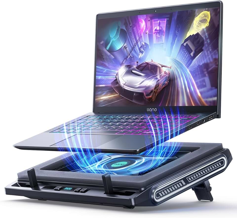 llano Laptop Cooler, Gaming Laptop Cooling Pad with 3500RPM Turbofan, 4.72 Inch External Fan Laptop Stand, Adjustable Variable Speed, Button Control, Seal Foam for Rapid Laptop13-17.3in, V10, Black