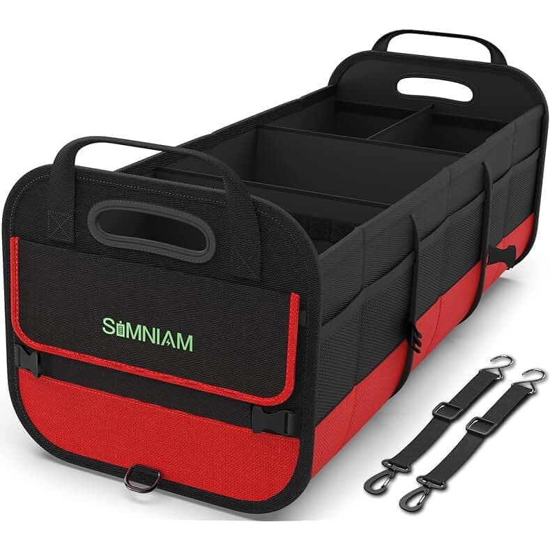 Simniam Large Trunk Organizer for Car, Collapsible Multi Compartment Car Trunk Organizer with 2 Retractable Straps, Suitable for All Kinds of Cars, SUV, Minivan - 4 Compartments Red