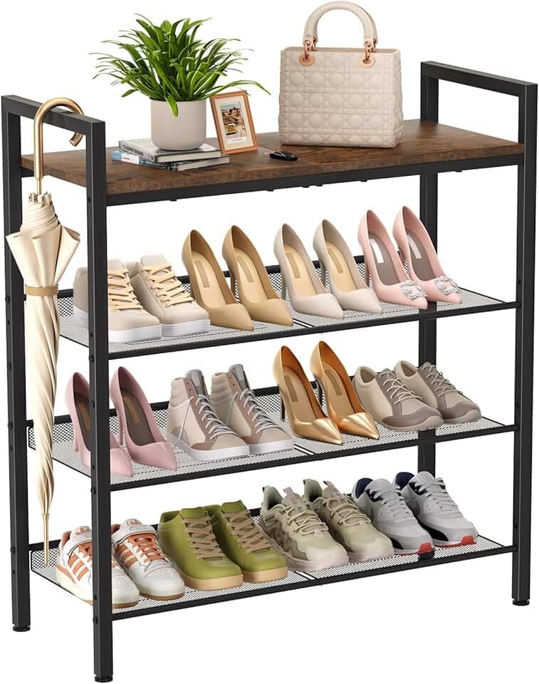Shoe Rack for Front Door Entrance, 4 Tier Shoe Rack for Entryway, 12-16 Pairs of Shoes, Metal Shoe Rack Organizer, Free Standing Shoe Rack for Closet (Black+Rustic Brown)