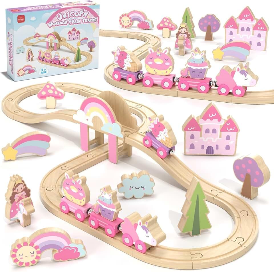 Lehoo Castle Wooden Train Set, Train Set for Toddlers 2-4, Wooden Train Track for Girls, Unicorn Toys for Girls Age 4-6, Toys for 3 4 5 6 Year Old Girls