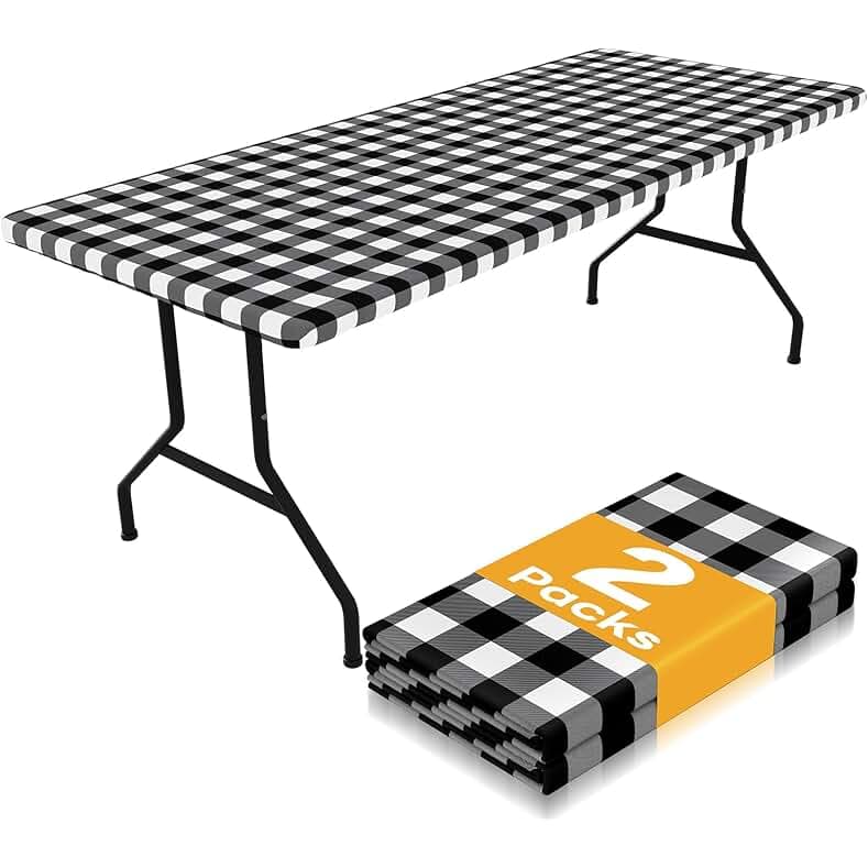 Smiry Picnic Table Cloth 2 Pack, Waterproof Elastic Fitted Tablecloths for 6FT Rectangle Tables, Washable Polyester Buffalo Plaid Tablecloth for Camping, Dining & Outdoor (Black & White, 30" x 72")