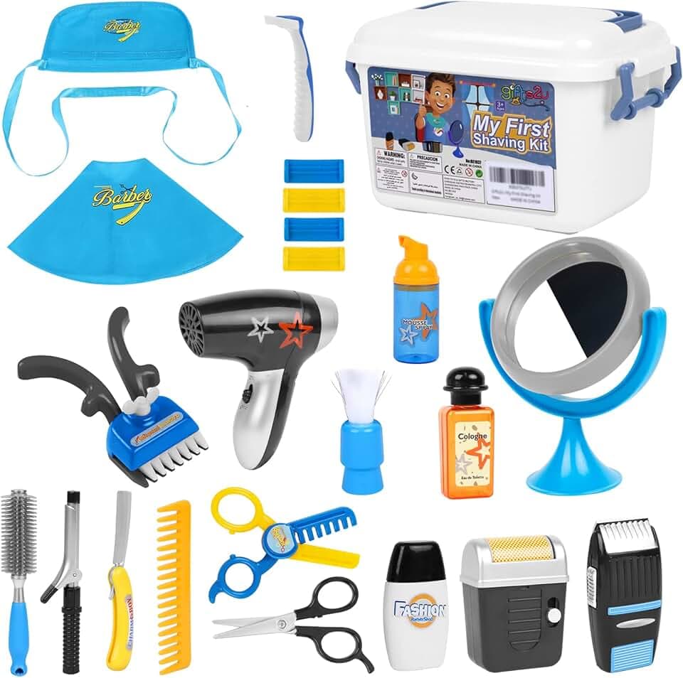 Gifts2U My First Shaving Kit for Boys, 22 Pcs Kids Barber Set Toy Pretend Play Hair Salon Playset with Shaver, Blow Dryer, Scissors, Razors & Styling Shawls Costume for Kids Ages 3 Years and up