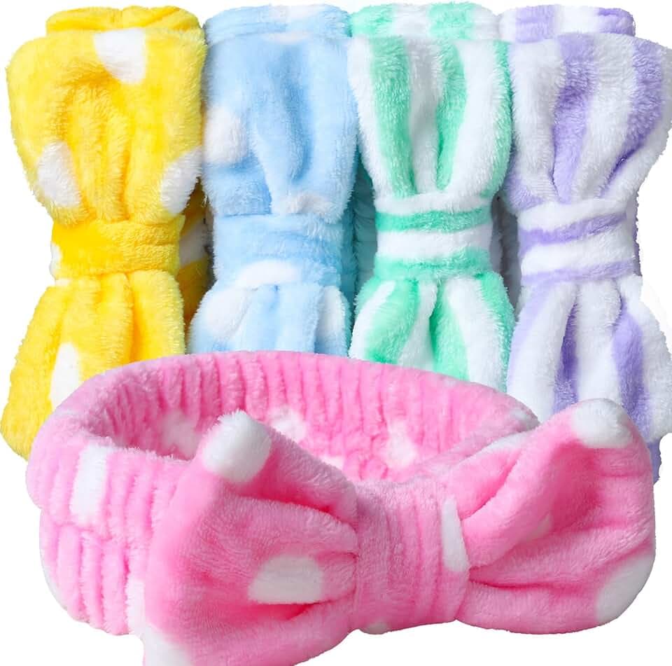 Teenitor 5pcs Makeup Headband with Removable Bow, Spa Headband for Washing Face, Makeup, Shower, Microfiber Skin Care Hairband for Girls Women Gift