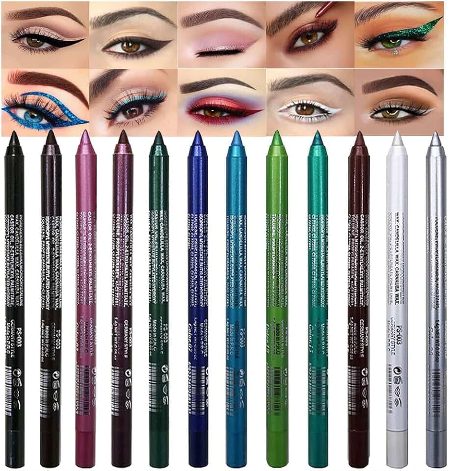 evpct 12Pcs Green Blue White Black Brown Purple Color Gel Glitter Eyeliner Pencils Set for Women Waterline Waterproof Smudge Proof lapiz de ojos delineador de ojos contra el agua Eye Liner Makeup 1