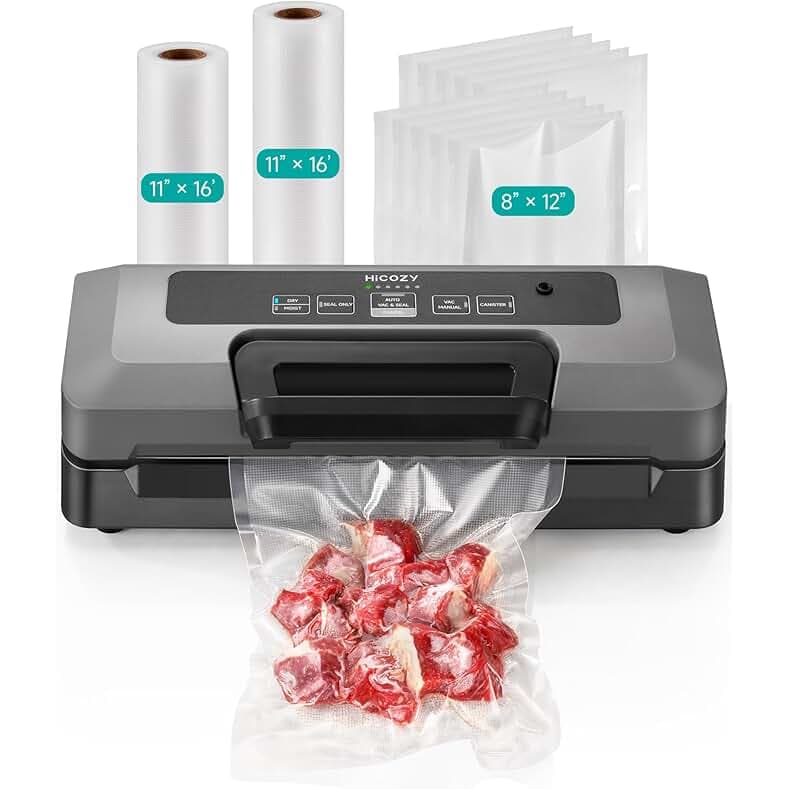 HiCOZY Vacuum Sealer for Food, Powerful Heat Food Sealer, Dry Moist 7-1 Multiple Automatic Modes, Easy-Lock Handle, Compact Design with 10 Vacuum Bags & 2 Bag Rolls, Bag Cutter Included, Space Gray