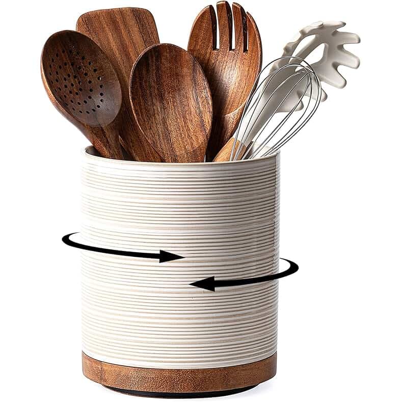 Utensil Holder, 360° Rotating Extra Large Ceramic Kitchen Utensil Holder for Countertop, Cooking Utensil Crocks for Kitchen Counter with Rotatable Wooden Base, Farmhouse Decor, Arctic White