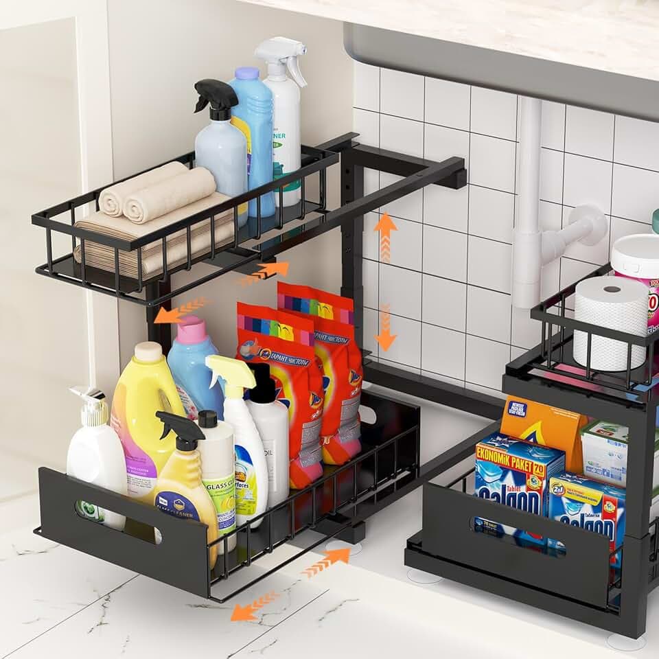 2 Pack Under Sink Organizer, 2-Tier Heavy Duty Metal Pull Out Cabinet Organizer Slide Out Sink Shelf Organizer Height Adustable, Multi-Purpose Storage Shelf for Kitchen Bathroom (Black, 2 Pack)