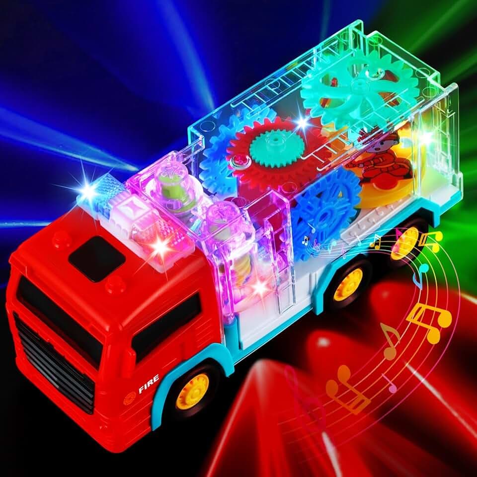Fire Trucks for Toddlers 3-5, Light Up Sensory Car Toy for Kids, LED Transparent Bump Car with Rotating Gear, Cool Lights and Musical, Educational Crawling Toy for Baby, Birthday Gift for Boys Girls