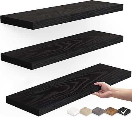 BAYKA Floating Shelves for Wall, Wall Mounted Rustic Wood Shelves for Bathroom, Bedroom, Living Room, Kitchen, Hanging Shelf for Books/Storage/Room Decor with 22lbs Capacity (Black, Set of 3, 15.7in)