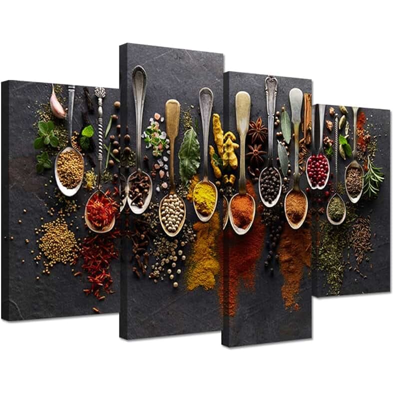 iHAPPYWALL Kitchen Pictures Wall Decor 4 Pieces Couful Spice in Spoon Vintage Canvas Wall Art Food Photos Painting On Canvas Stretched Framed Home Decoration Gift Ready to Hang