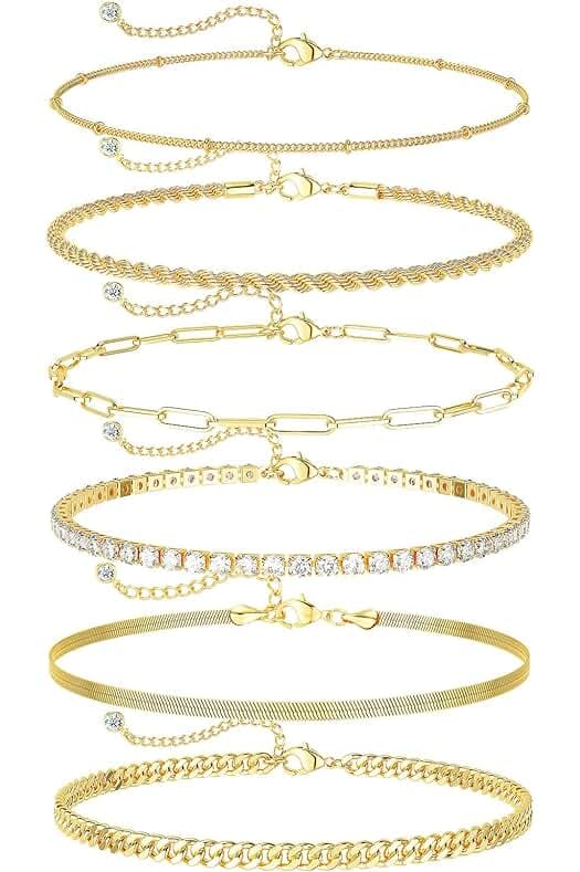 DEARMAY Gold Ankle Bracelets for Women Waterproof - Dainty 6Pcs 14K Gold Plated Anklets Layered Cuban Link Chain Herringbone Cute Anklets Set Pack Summer Beach Jewelry Gift for Women Teen