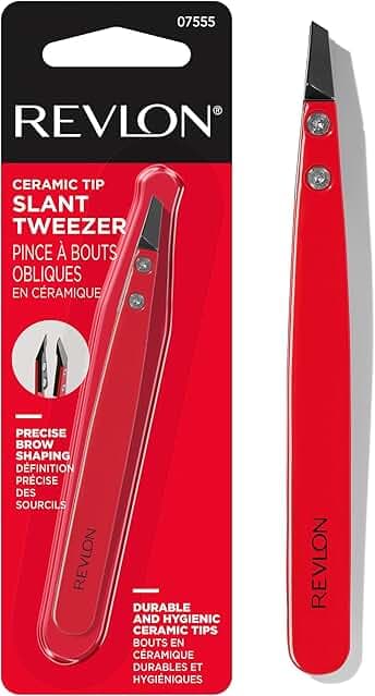 Revlon Ceramic Slanted Tip Tweezers, Precision For Eyebrow Shaping and Fine Hair Removal, Stainless Steel Body, Red, 1 Count