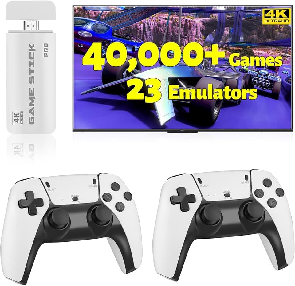 HRYYDS 2025 Retro Gaming Console Pro 4K HDMI with 40,000+ Built-in Classic Video Games - Plug & Play Game Stick for TV with 2 Wireless Controllers | 23 Emulator Support 64GB