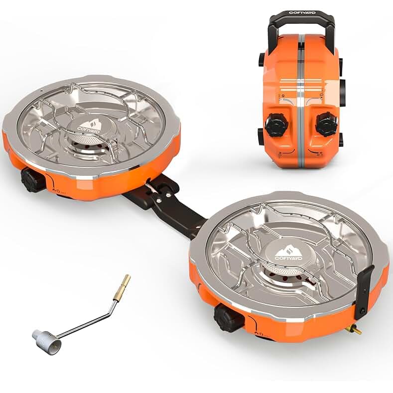 20,000 BTUs 2 Burner Propane Camping Stove, Portable Folding Camp Stove with Adjustable Burners, Regulator and Carrying Bag, Dual Gas Stoves Easy Carrying Handle for Tailgating, Camping, BBQ