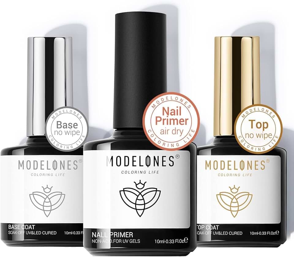 modelones Gel Top Coat and Base Coat With Nail Primer, 3 Pcs No Wipe Clear Base and Top Coat Nail Bonder Primer Super Shiny Gel Polish Home DIY Manicure 10 ml