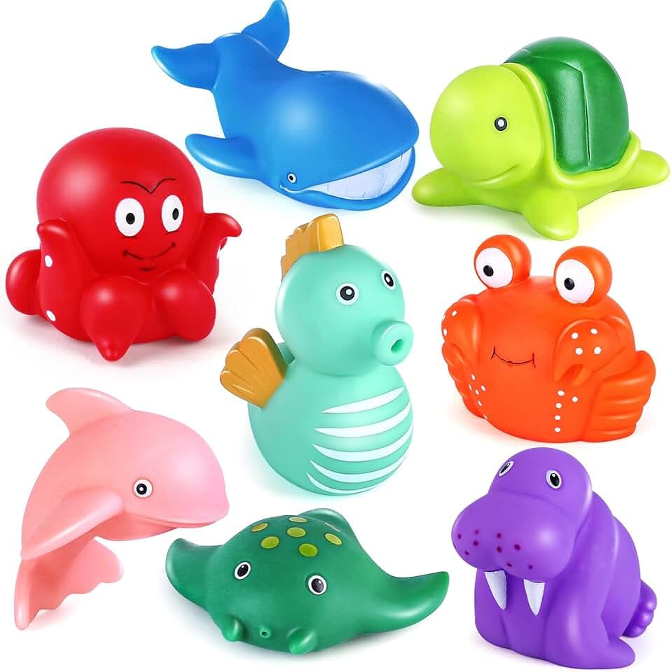 LotFancy Bath Toy, 8PCS Bath Toys for Kids Ages 1-3, Mold Free Baby Bath Toys for Toddlers 2-4, No Holes Ocean Sea Animal Bathtub Toys, Soft Bath Tub Toys