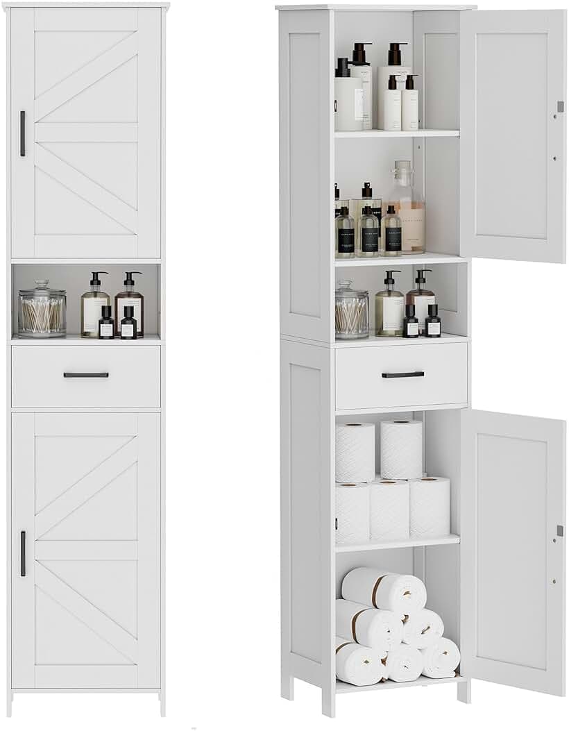 Homhedy 67" H Tall Bathroom Storage Cabinet with 2 Barn Doors and 1 Drawer, Narrow Storage Unit, Adjustable Shelves, Floor Cabinet for Bathroom, Living Room, Entryway, Kitchen, White, (15.7" W)
