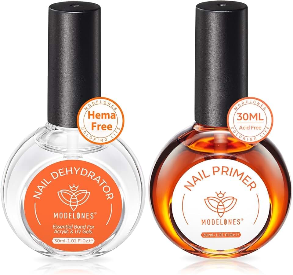 modelones 30 ml Nail Dehydrator and Primer, Acid Free Natural Prep Dehydrate & Bond Primer Kit, Hema-Free Acrylic Nail Supplies Top Coat