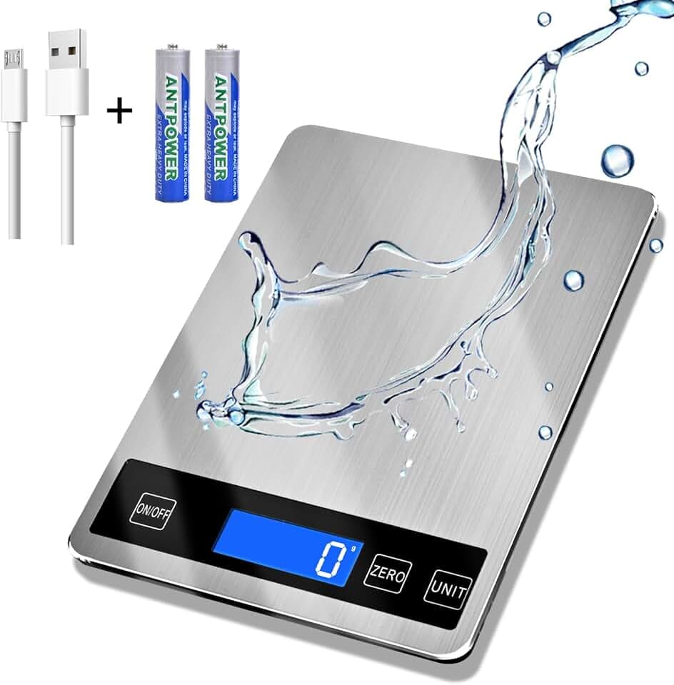 33lb Food Scale, Digital Kitchen Scale Batteries and USB Charging,1g/0.05oz Precise Graduation, Waterproof Stainless Steel with LCD Display Weight Grams and oz for Cooking Baking (Stainless Steel)