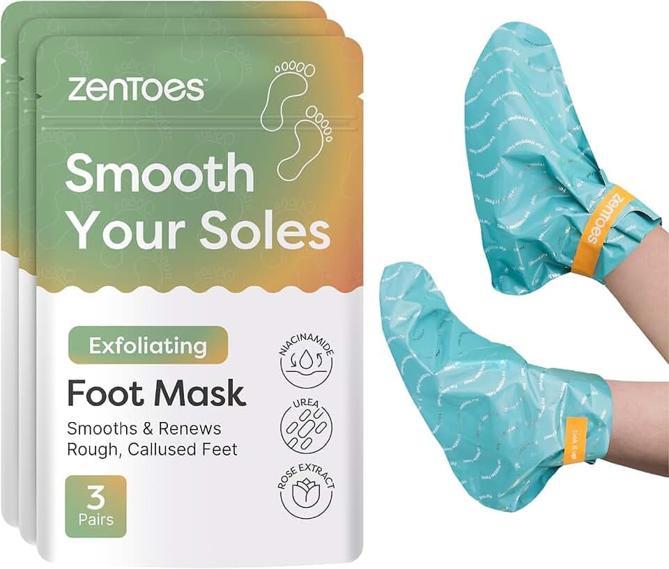 ZenToes Exfoliating Foot Mask for Dry Cracked Feet | Urea, Niacinamide & Rose Extract Infused No Harsh Foot Peeling Mask | Spa Experience At Home | Mess Free Design | Cucumber Rose Scented, 3 Pairs