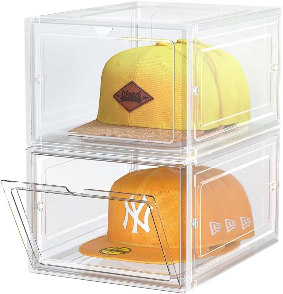 Hat Organizer Box, Stackable Clear Baseball Caps Holder Box Containers with Magnetic Door for Hats Snapback Cap Storag, Hat Rack Display Case, Holds 8 Hats Each (2)