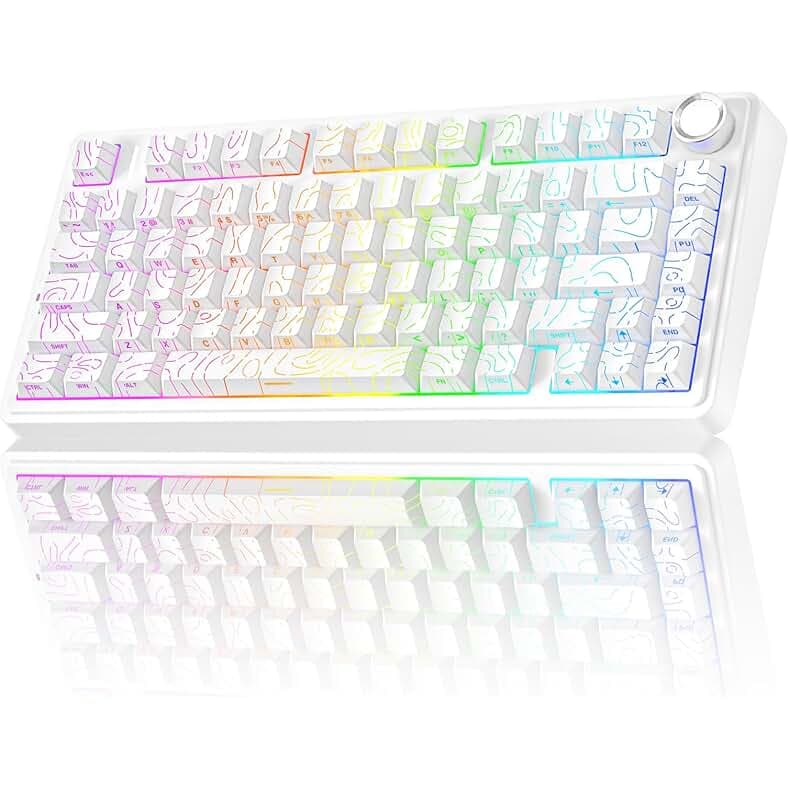 AULA F75 Pro Wireless Mechanical Keyboard with Knob,75% Hot Swappable Custom Gaming Keyboards,RGB Backlit,Pre-lubed Switches,Side Printed PBT Keycaps Creamy Sounding Computer Keyboard, Line White