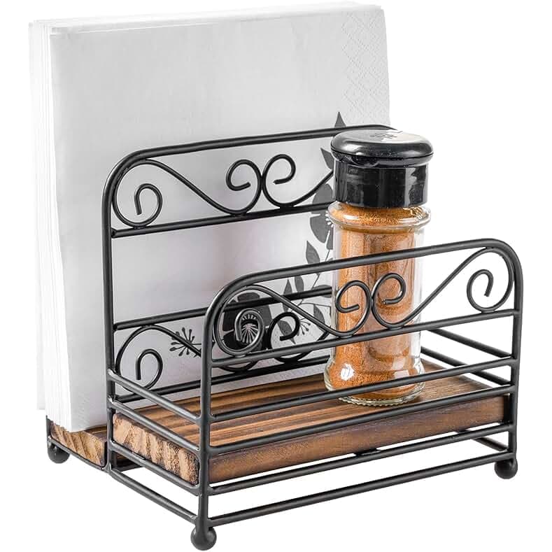 MyGift 2-in-1 Disposable Napkin and Salt & Pepper Caddy, Black Metal Vintage Scrollwork Dinner Table Paper Towel Condiment Holder with Rustic Burnt Solid Wood Base