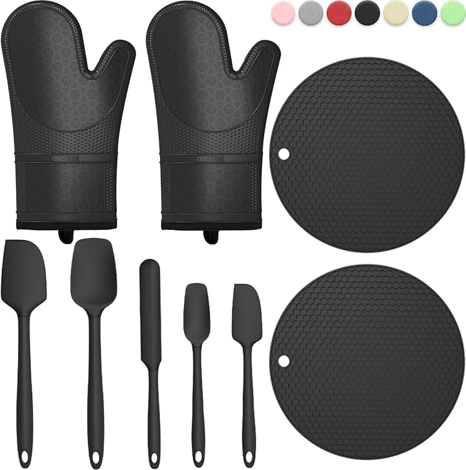 Oven Mitts with Heat-Resistant Hot Pads and Five Silicone Spatulas Designed for Kitchen Baking Cooking, Oven Glove Soft Cotton Lining, Waterproof, BPA-Free (Black, 12.6)