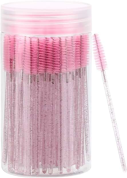 100 Pcs Disposable Mascara Wands, Crystal Eyebrow Spoolies Brush for Eyelash Extensions, Pink Lash Brushes with Container