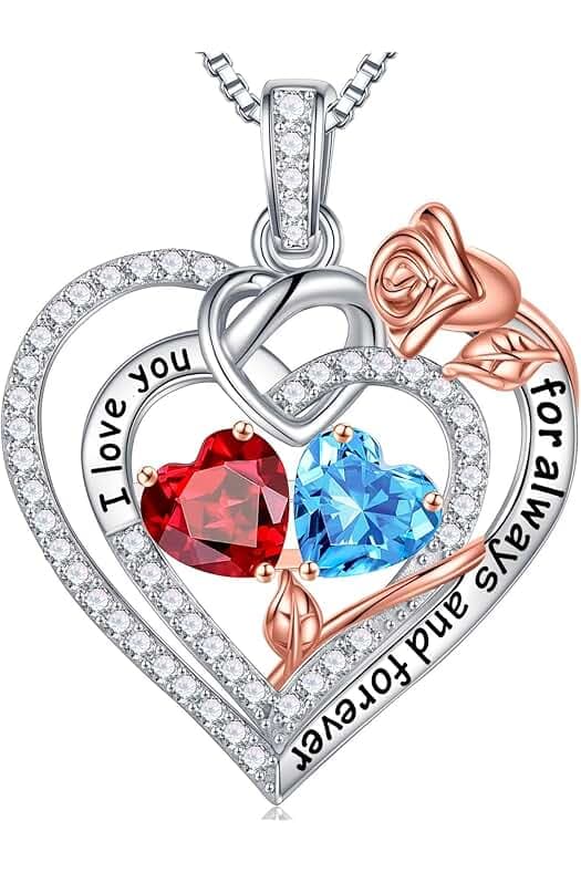 Iefil Rose Heart Necklace Gifts for Wife Women - 925 Sterling Silver Double Birthstone Necklace, Anniversary Birthday Gifts for Women, Jewelry Gift for Wife Girlfriend Mom Her