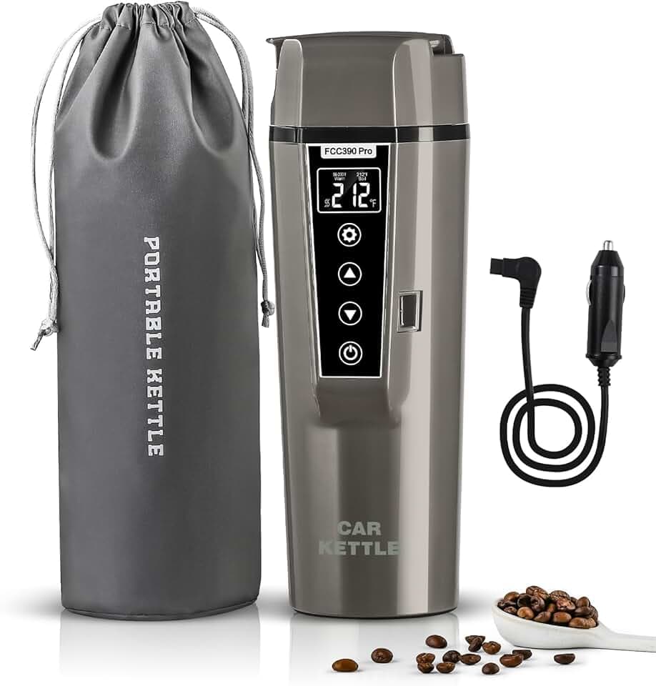 Portable Electric Car Kettle: 12V/24V Kettle Mini Water Boiler for Car Heated Travel Mug,Smart Precision Temperature Adjustment Coffee Tea Truck Cup with Handy Kettle Bag (Taupe, 400ML)