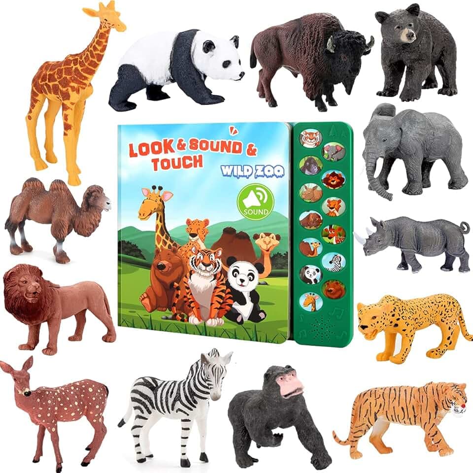 Safari Animals Figures Toys - 13 Realistic Wild Plastic Animal Figurines & Kids Sound Book - Educational Learning Toys Gift for 3 Years Old & Up Boys Girls Toddlers
