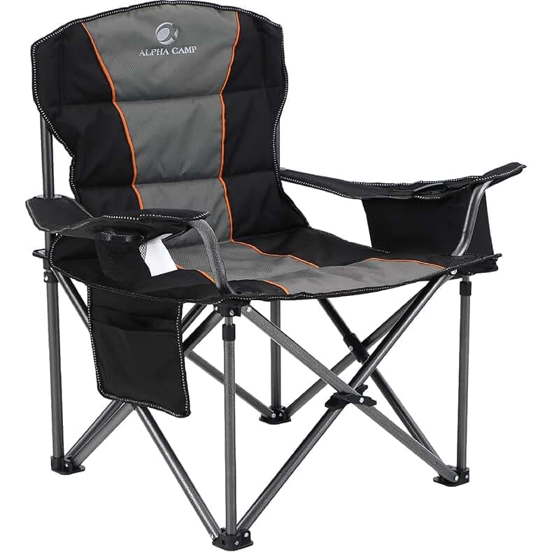ALPHA CAMP Oversized Camping Folding Chair, Heavy Duty Support 450 LBS Steel Frame Collapsible Padded Arm Chair with Cup Holder Quad Lumbar Back, Portable for Outdoor