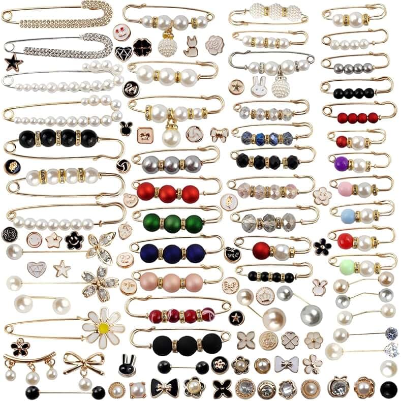 TIHOOD 110PCS Pearl Brooch Pins Women Decorative Safety Pins Pant Clothing Shawl Clips Artificial Pearls Brooch Elegant Pearl Cardigan Collar Brooch Clips Waist Tightener Safety Pins